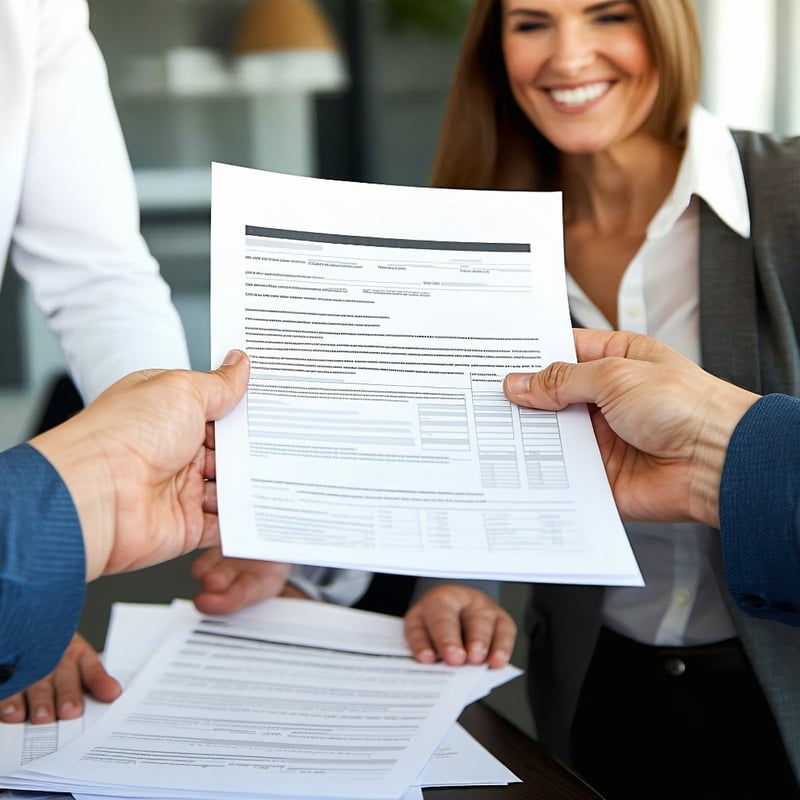 someone handing their accountant their physical paperwork with a smile-1